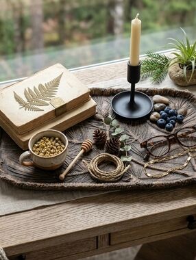 Handcast Resin Pine Bough Decorative Tray 15" x 7.5" USA Pine Cone Handle